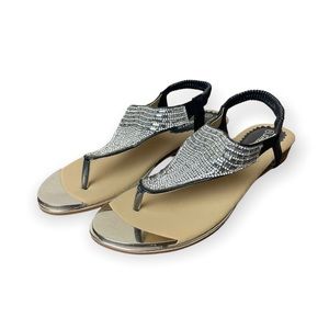 Smartty Women’s Sandals Metal Toe Bedazzled Cream Black Size 9